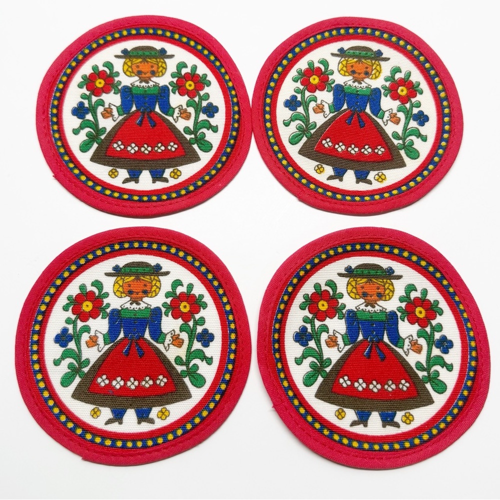 Vintage Textile Floral German Girl Coasters Set of 4